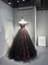 A-line Off Shoulder Tulle Black and Red Formal Dress, Floral Black and Red Party Dress